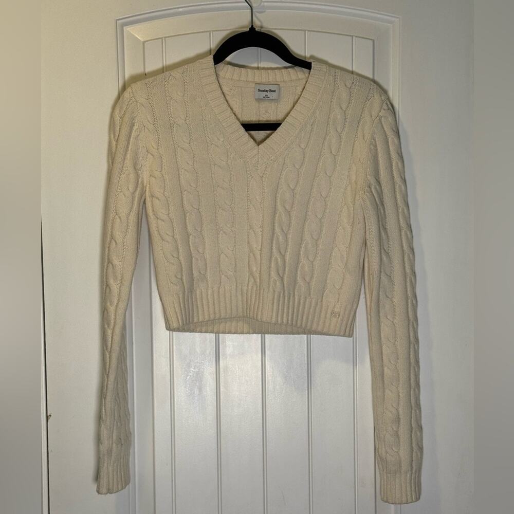 Sunday Best Cream V-Neck Merino Wool  Sweater Size XS